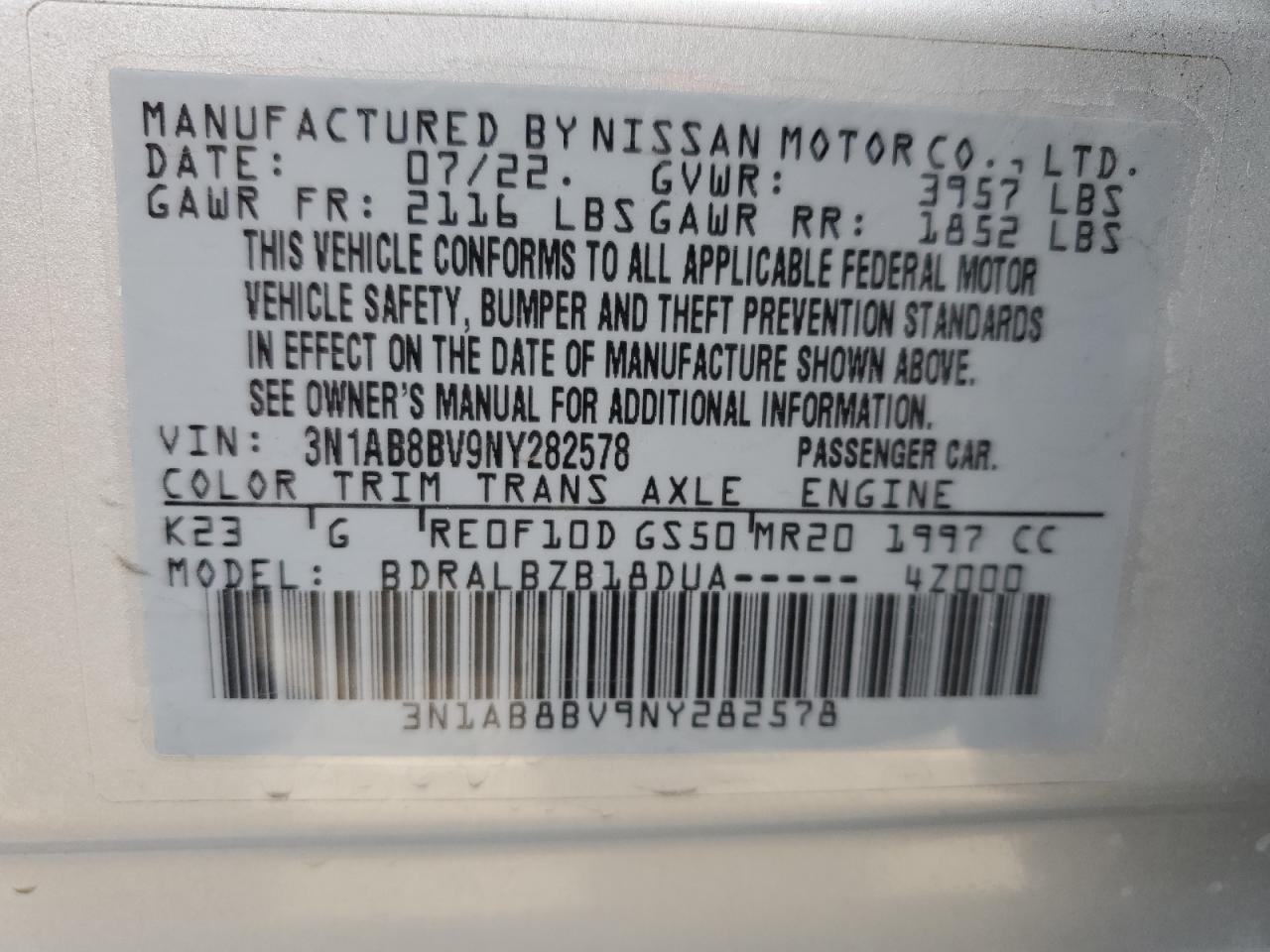 3N1AB8BV9NY282578 NISSAN SENTRA 2022
