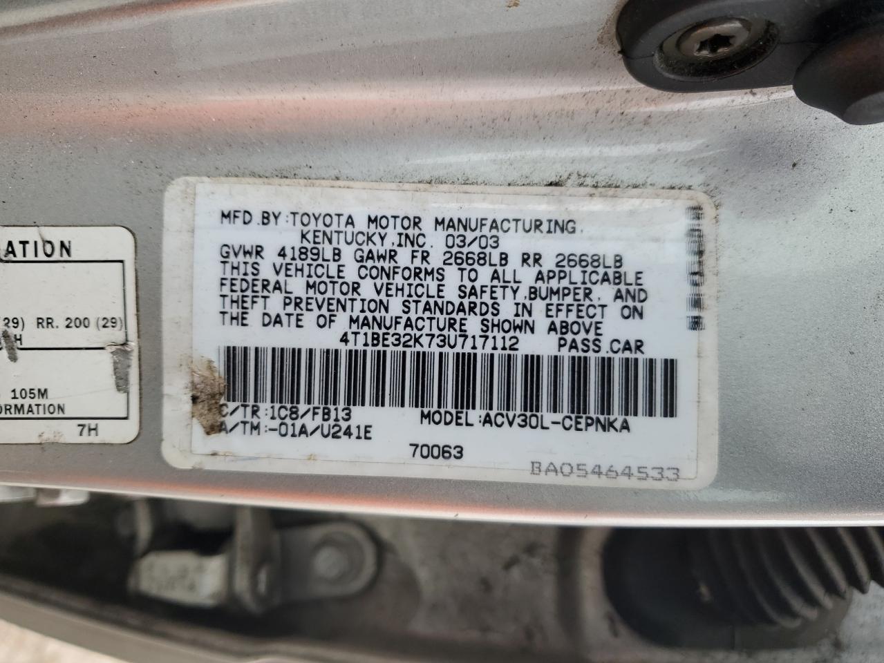 4T1BE32K73U717112 2003 Toyota Camry Le