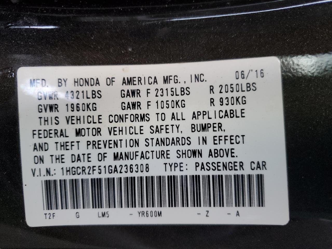 1HGCR2F51GA236308 HONDA ACCORD 2016