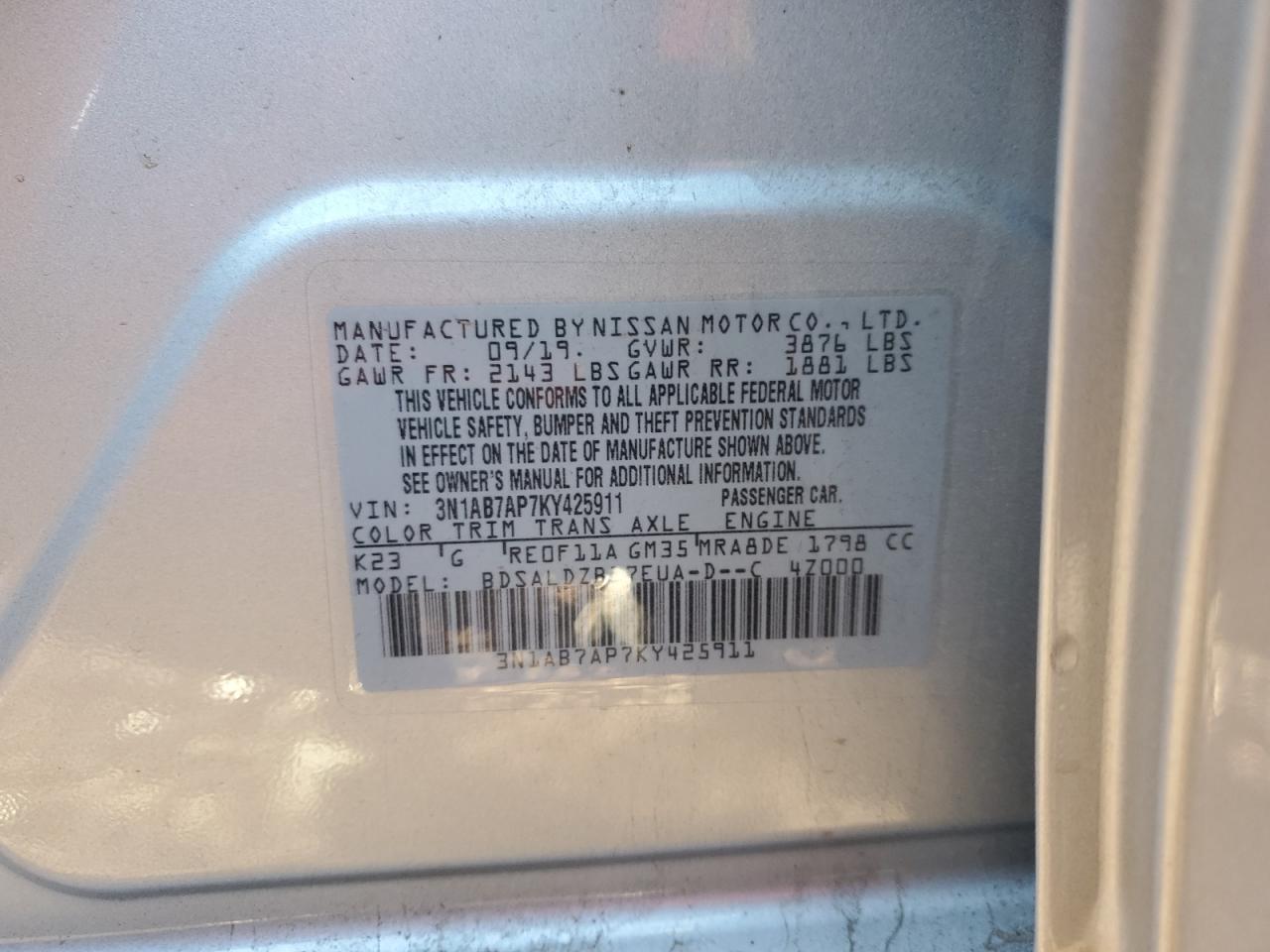 3N1AB7AP7KY425911 NISSAN SENTRA 2019