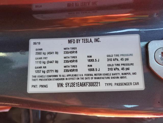 5YJ3E1EA6KF308221 | 2019 TESLA MODEL 3