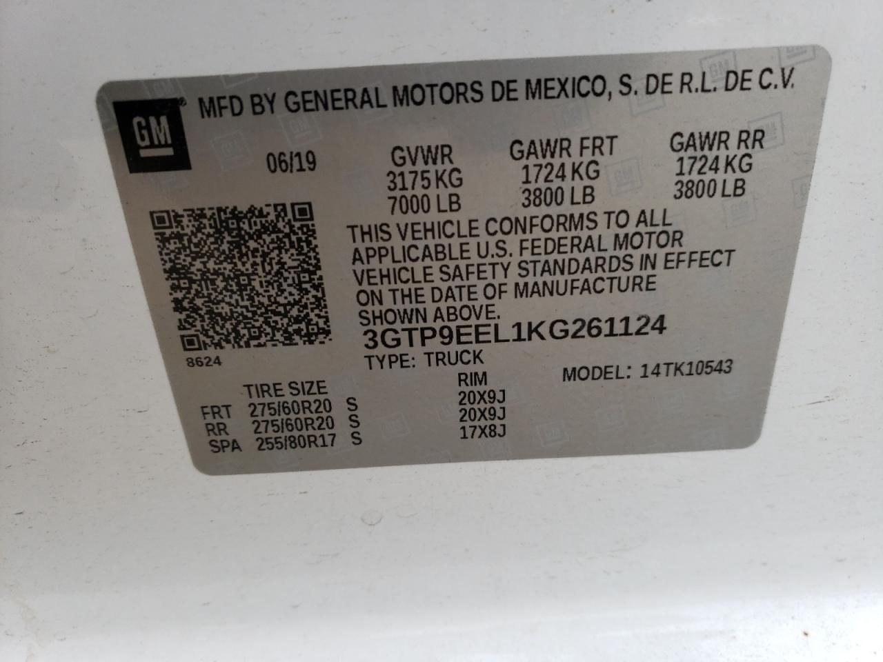3GTP9EEL1KG261124 GMC SIERRA 2019