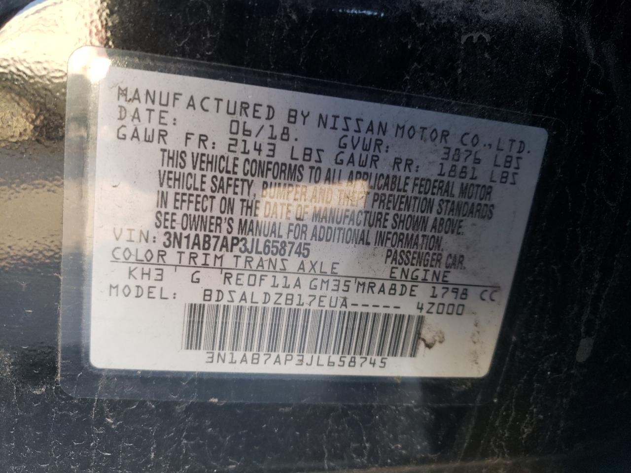 3N1AB7AP3JL658745 NISSAN SENTRA 2018