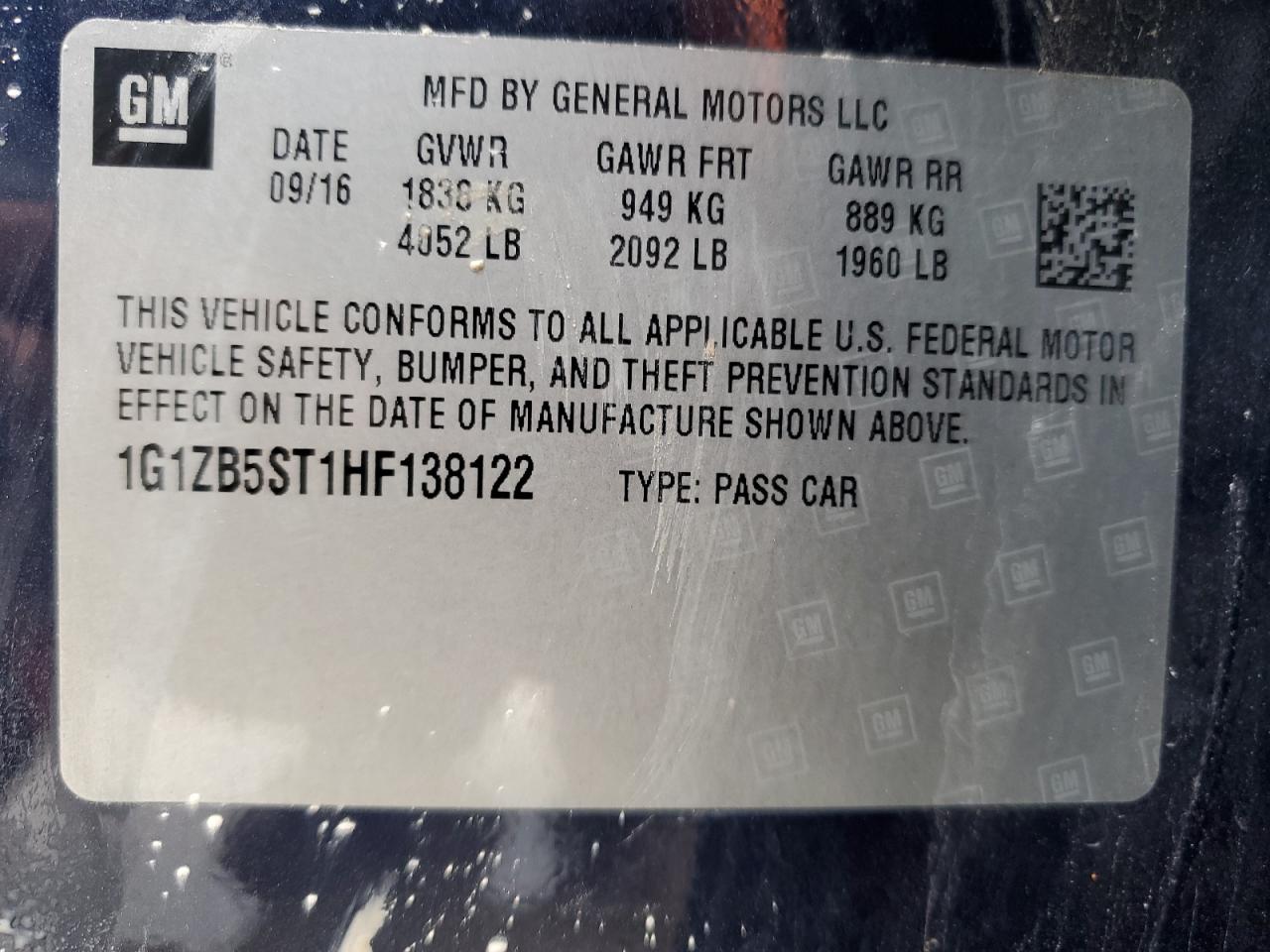 1G1ZB5ST1HF138122 CHEVROLET MALIBU 2017