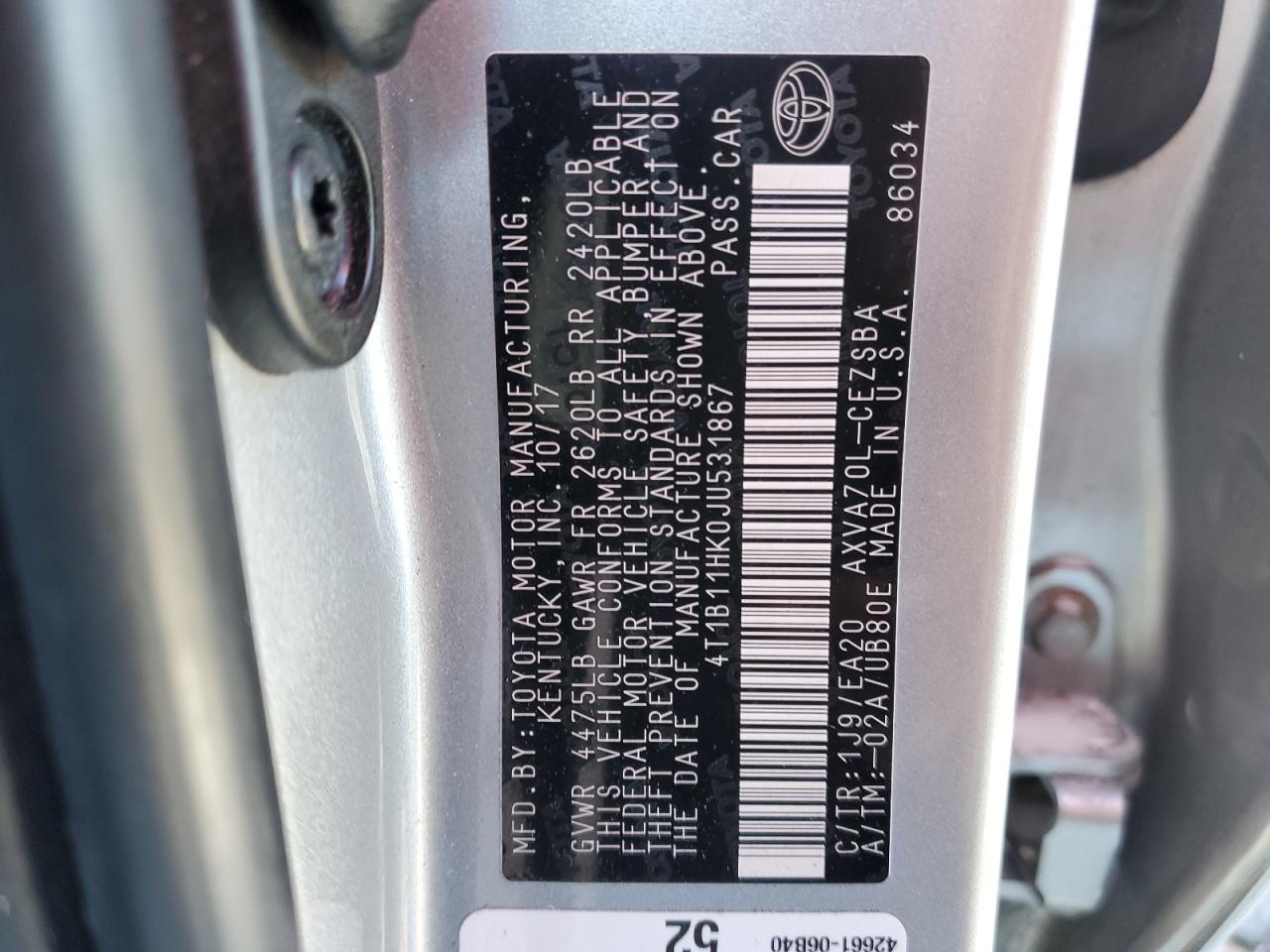 4T1B11HK0JU531867 TOYOTA CAMRY 2018