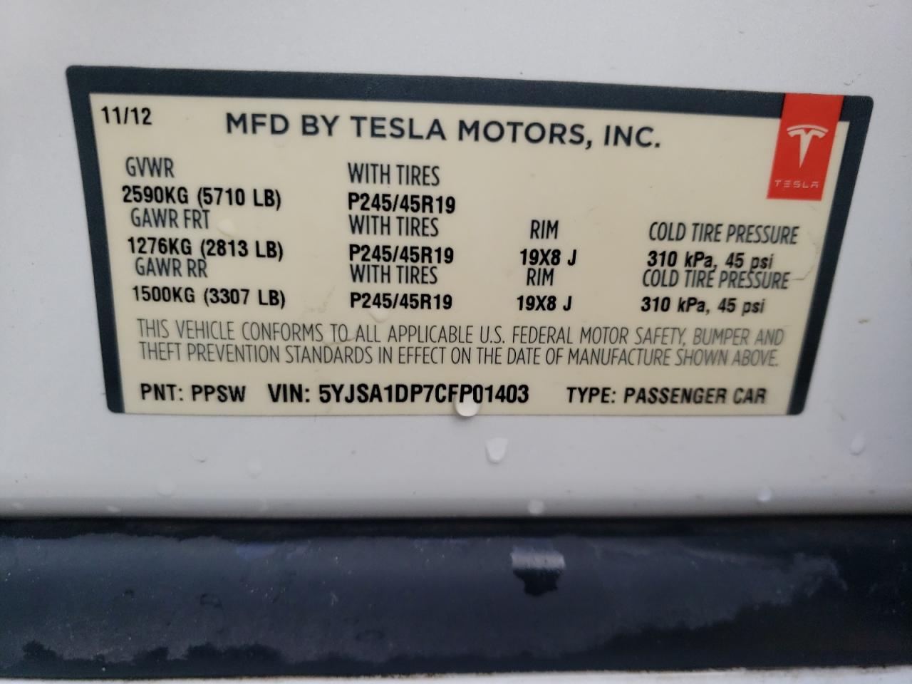 5YJSA1DP7CFP01403 2012 Tesla Model S