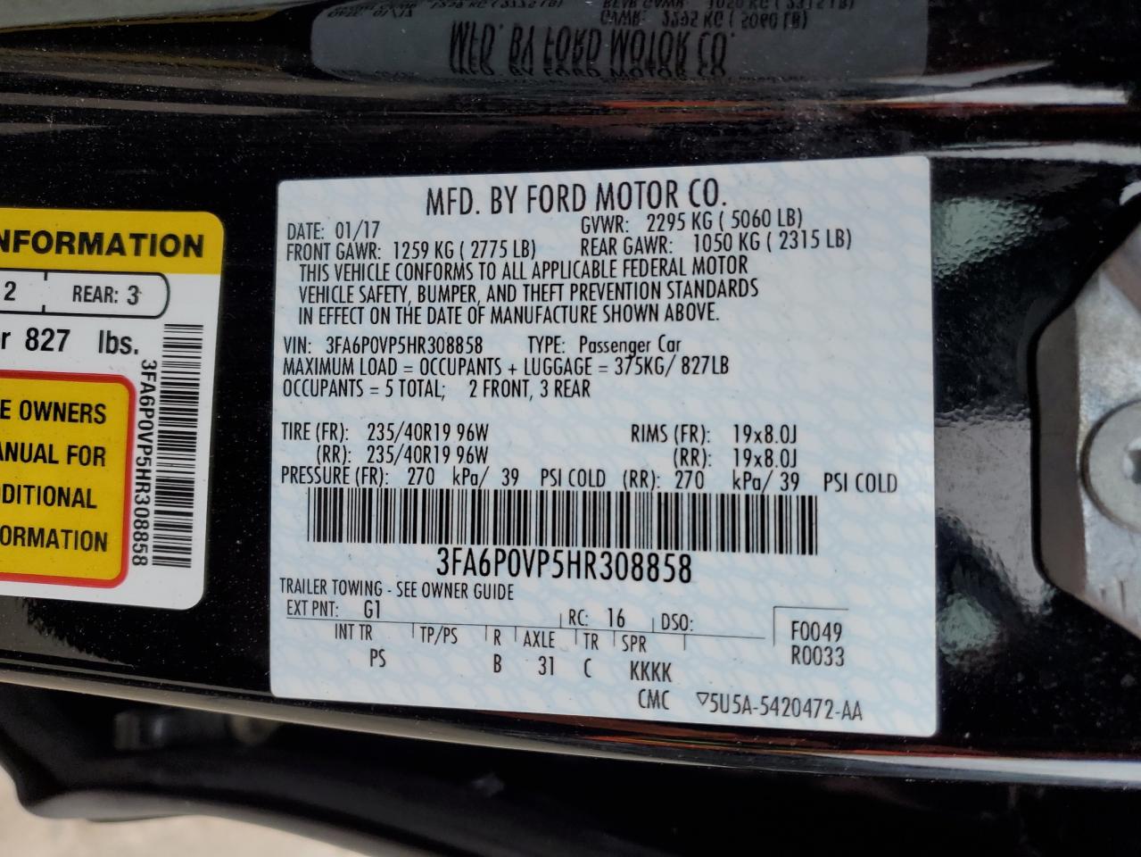 3FA6P0VP5HR308858 FORD FUSION 2017
