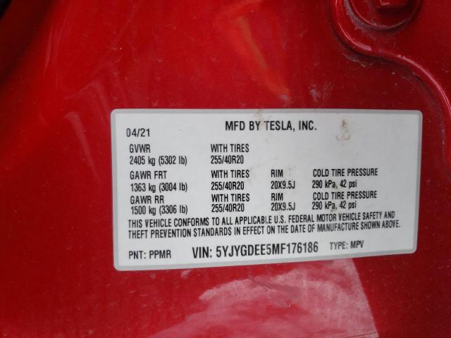 5YJYGDEE5MF176186 | 2021 TESLA MODEL Y