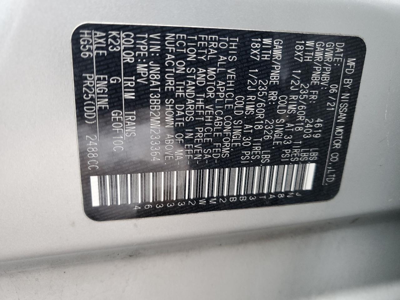 JN8AT3BB2MW233364 NISSAN ROGUE 2021