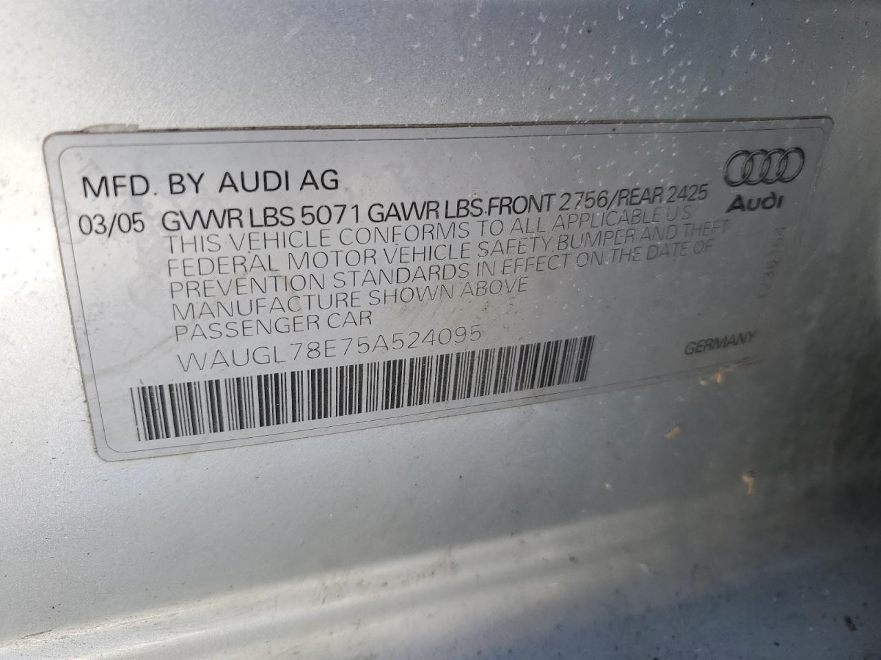 WAUGL78E75A524095 2005 Audi New S4 Quattro