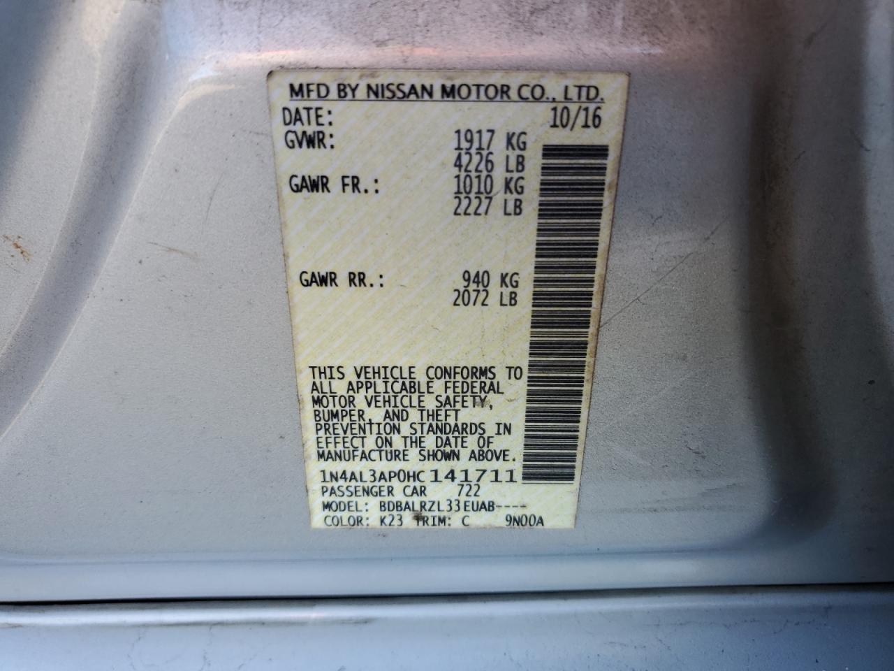 1N4AL3AP0HC141711 NISSAN ALTIMA 2017