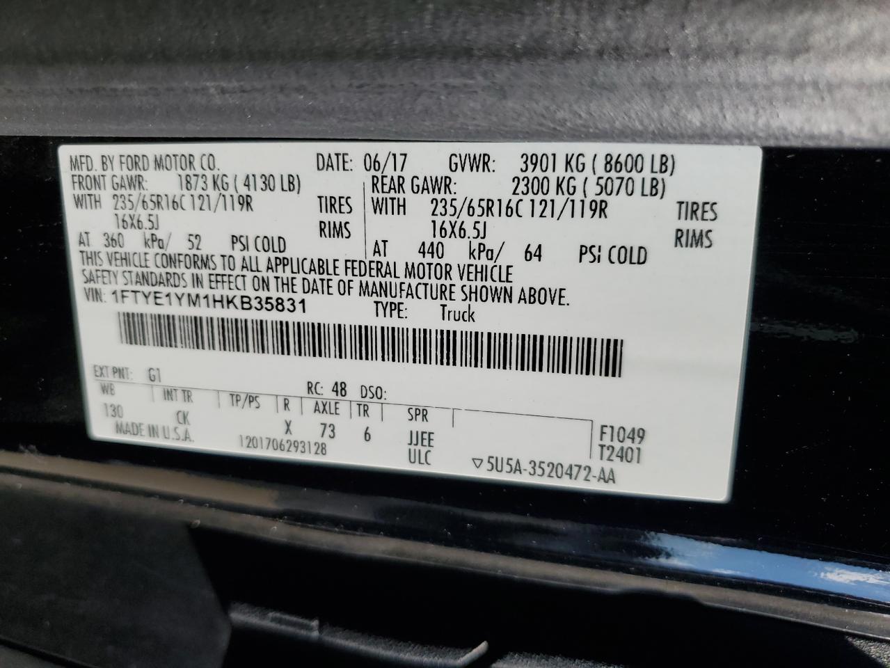 1FTYE1YM1HKB35831 FORD TRANSIT 2017