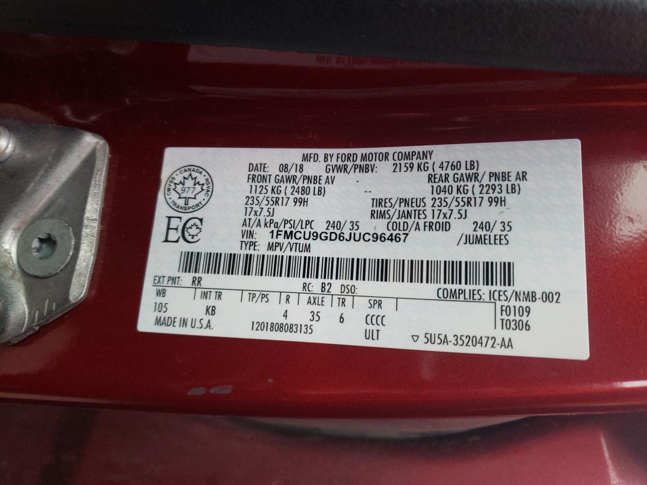 1FMCU9GD6JUC96467 FORD ESCAPE 2018