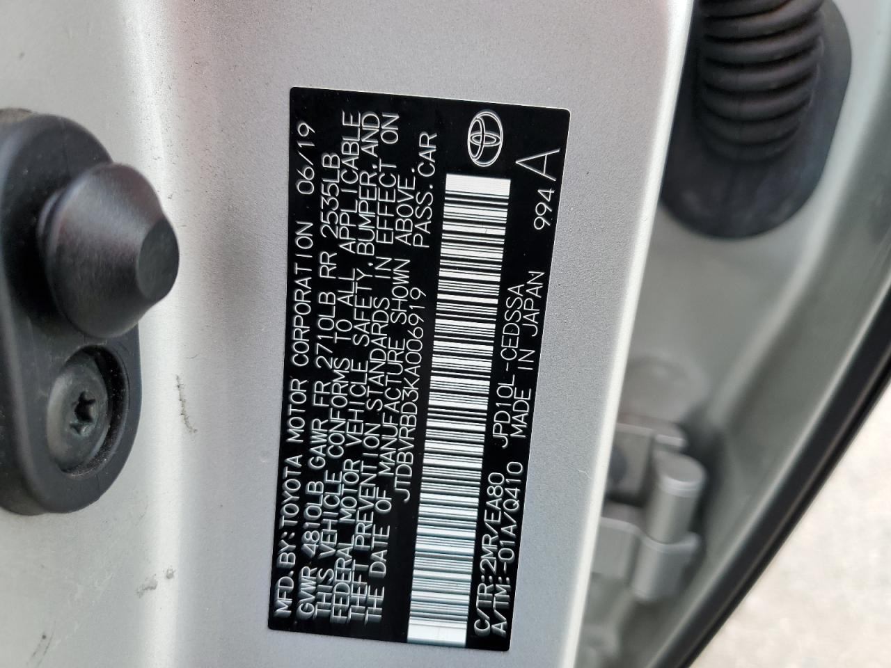 2019 Toyota Mirai vin: JTDBVRBD3KA006919