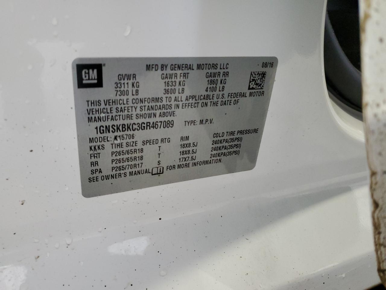 1GNSKBKC3GR467089 CHEVROLET TAHOE 2016