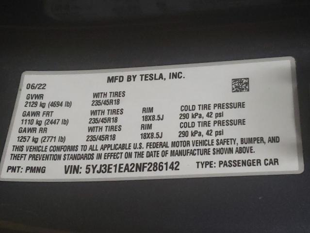 5YJ3E1EA2NF286142 | 2022 TESLA MODEL 3