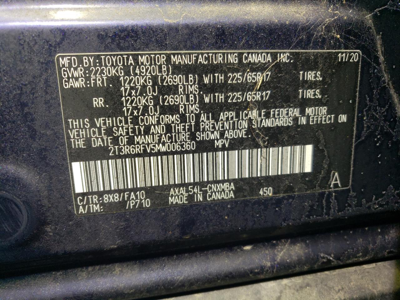 2T3R6RFV5MW006360 TOYOTA RAV4 2021