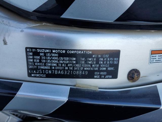 2003 Suzuki Gsx-R600 VIN: JS1GN7BA632108849 Lot: 36752734