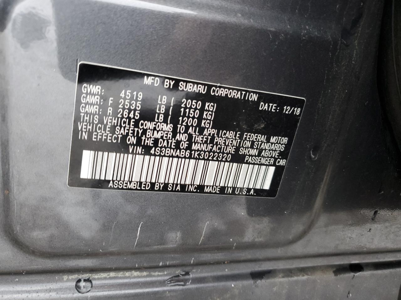 4S3BNAB61K3022320 2019 Subaru Legacy 2.5I