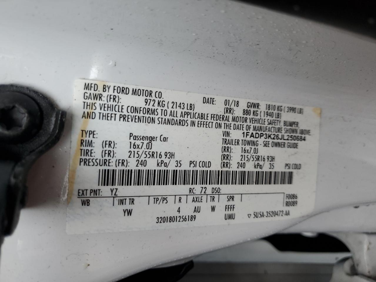 1FADP3K26JL250684 FORD FOCUS 2018
