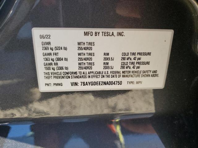 7SAYGDEE2NA004750 | 2022 Tesla model y