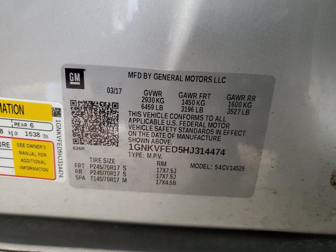 1GNKVFED5HJ314474 CHEVROLET TRAVERSE 2017