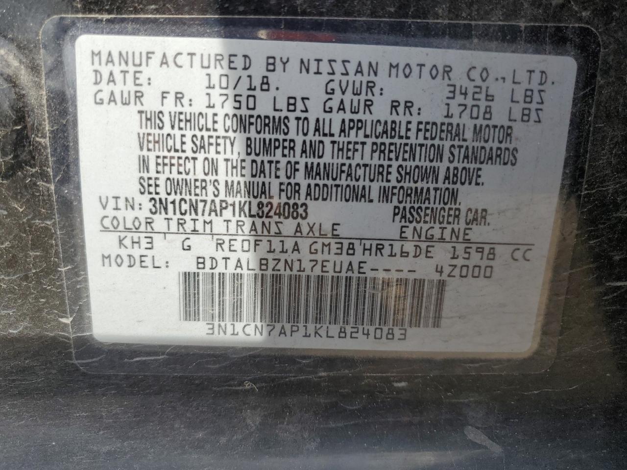 3N1CN7AP1KL824083 NISSAN VERSA 2019