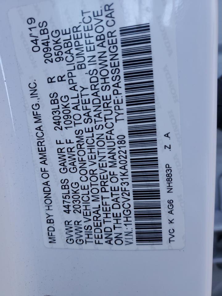 1HGCV2F31KA022180 HONDA ACCORD 2019