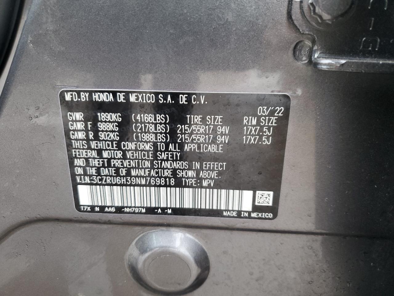 3CZRU6H39NM769818 2022 Honda Hr-V Lx 3CZRU6H39NM769818 2022 Honda Hr-V Lx