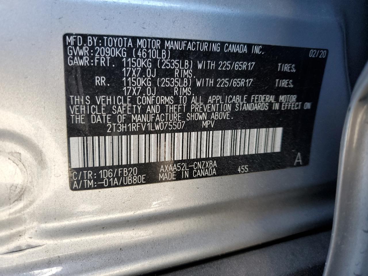 2T3H1RFV1LW075507 2020 Toyota Rav4 Le