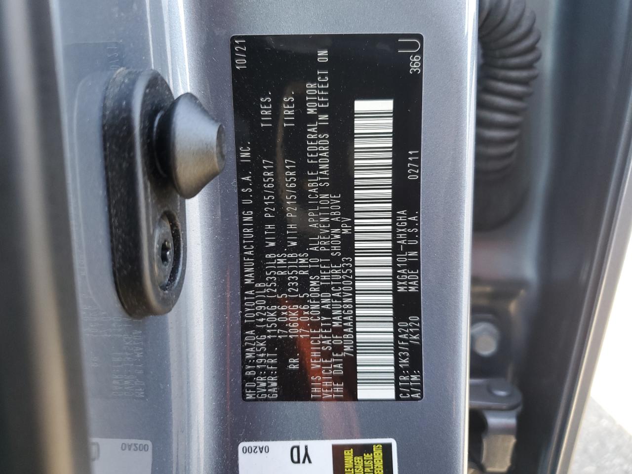 7MUBAAAG8NV002533 TOYOTA COROLLA CR 2022