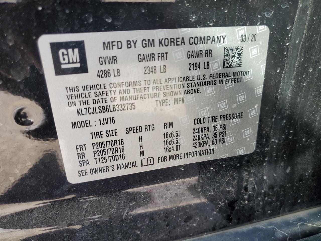 KL7CJLSB6LB332735 CHEVROLET TRAX 2020