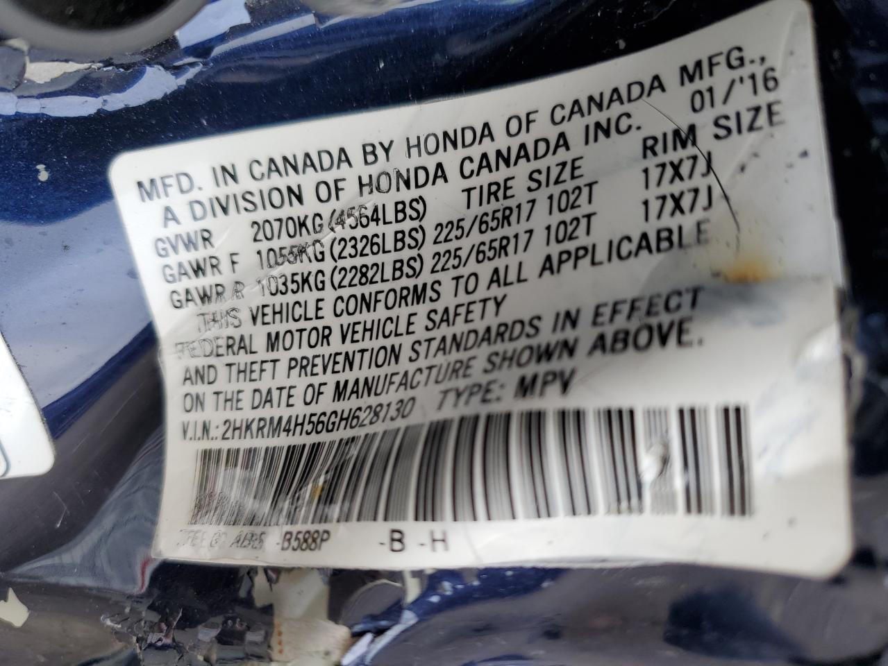 2HKRM4H56GH628130 HONDA CRV 2016