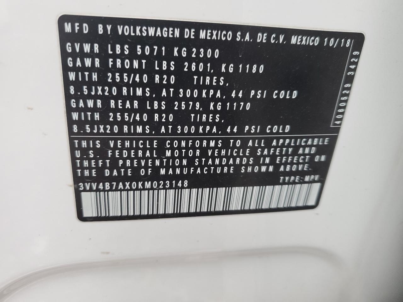 3VV4B7AX0KM023148 VOLKSWAGEN TIGUAN 2019