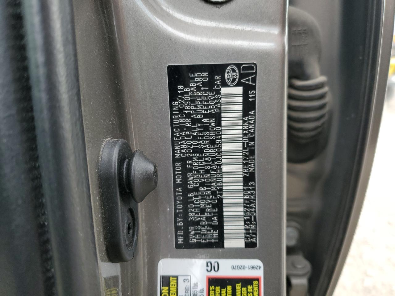 2T1BURHE0JC059400 TOYOTA COROLLA 2018