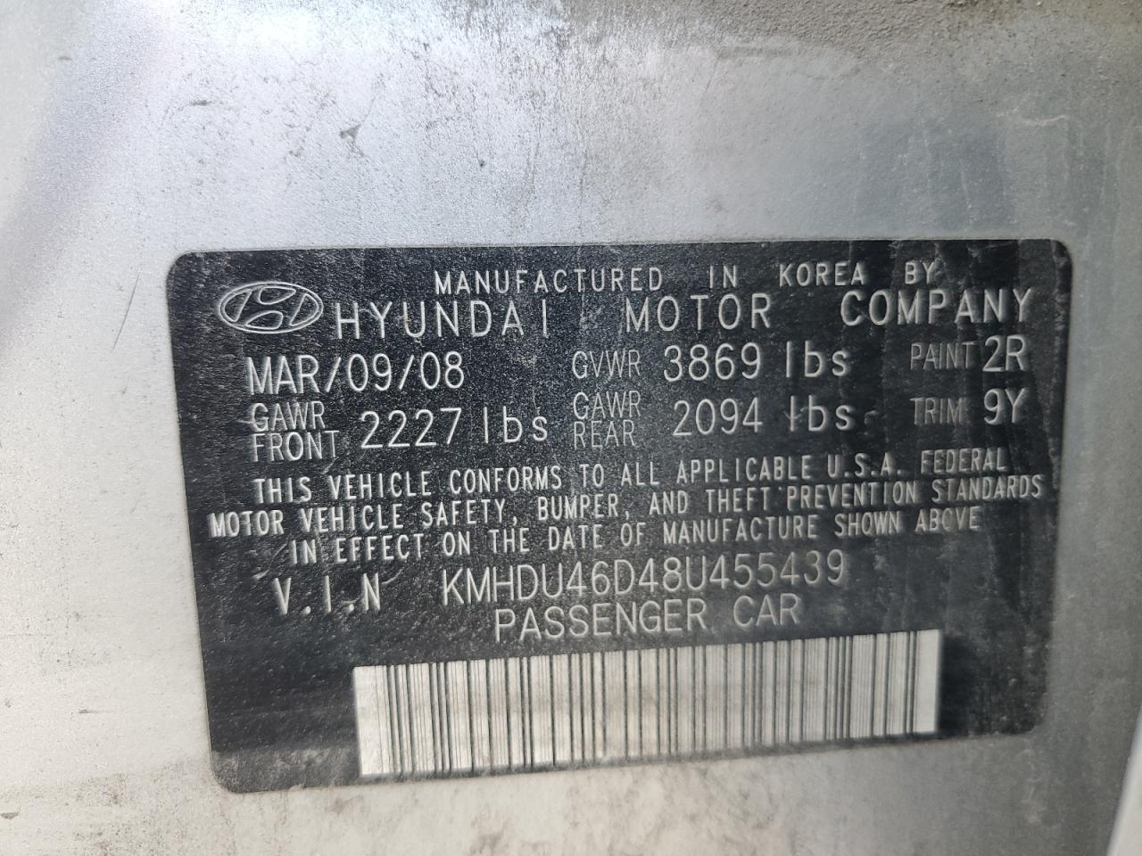 KMHDU46D48U455439 2008 Hyundai Elantra Gls