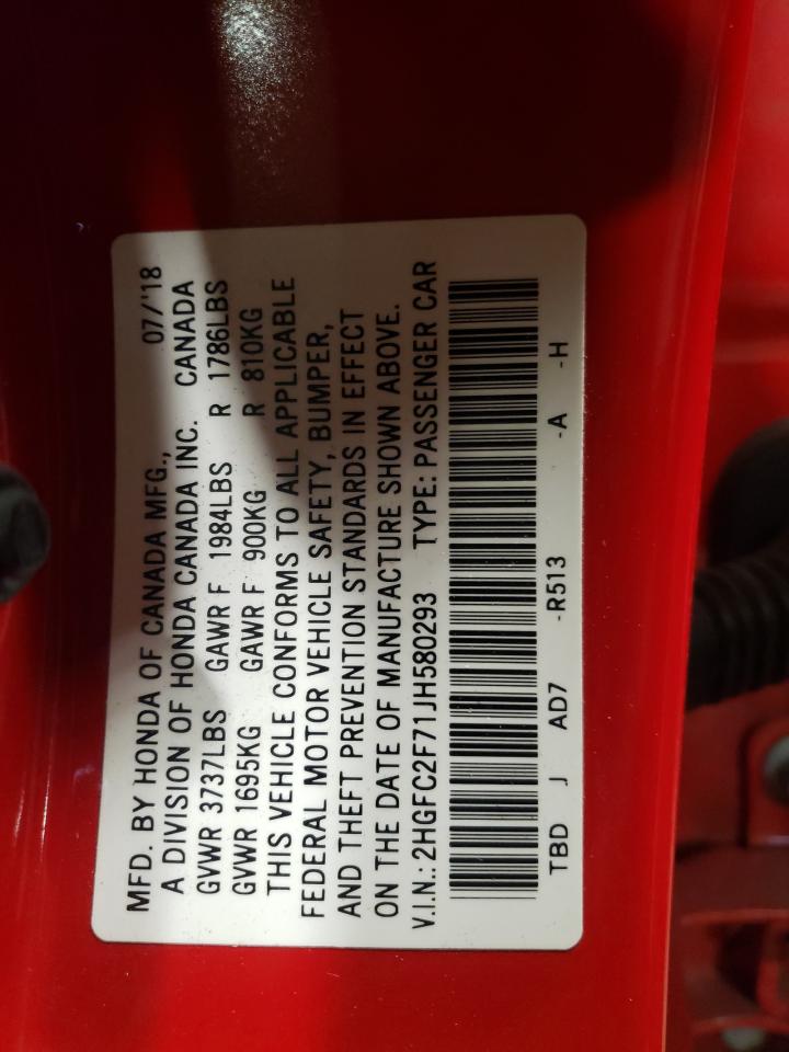2HGFC2F71JH580293 HONDA CIVIC 2018