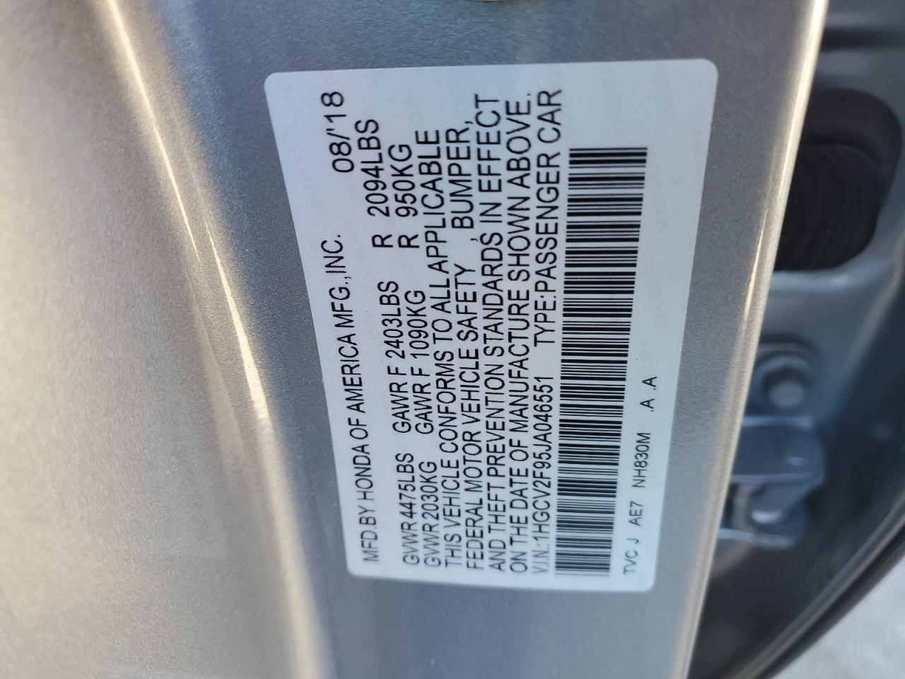 1HGCV2F95JA046551 HONDA ACCORD 2018
