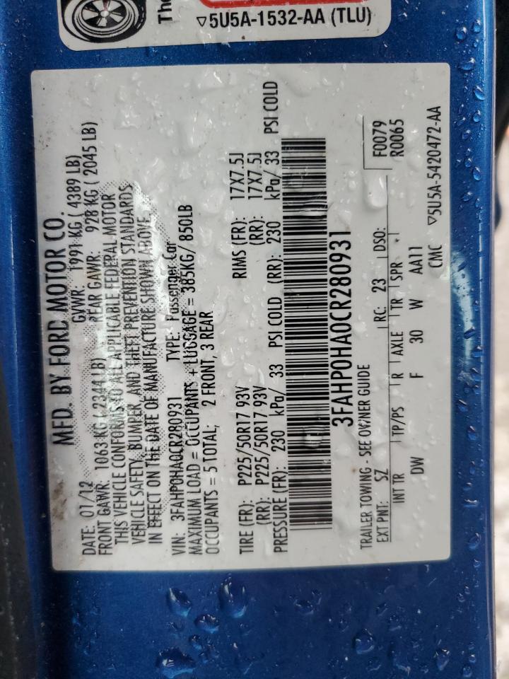 3FAHP0HA0CR280931 2012 Ford Fusion Se