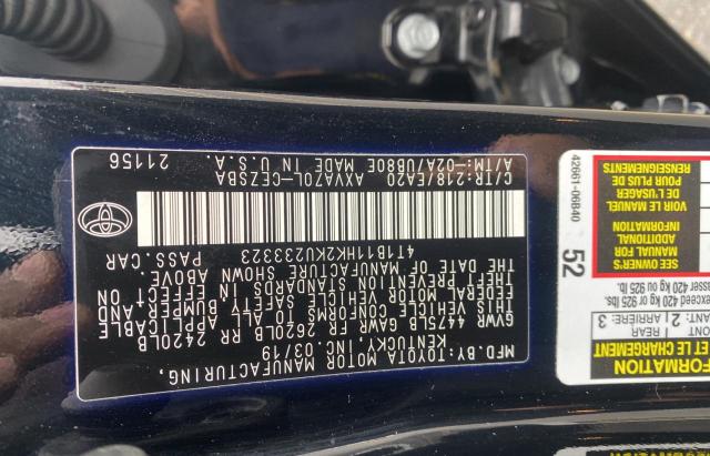 4T1B11HK2KU233323 | 2019 TOYOTA CAMRY L