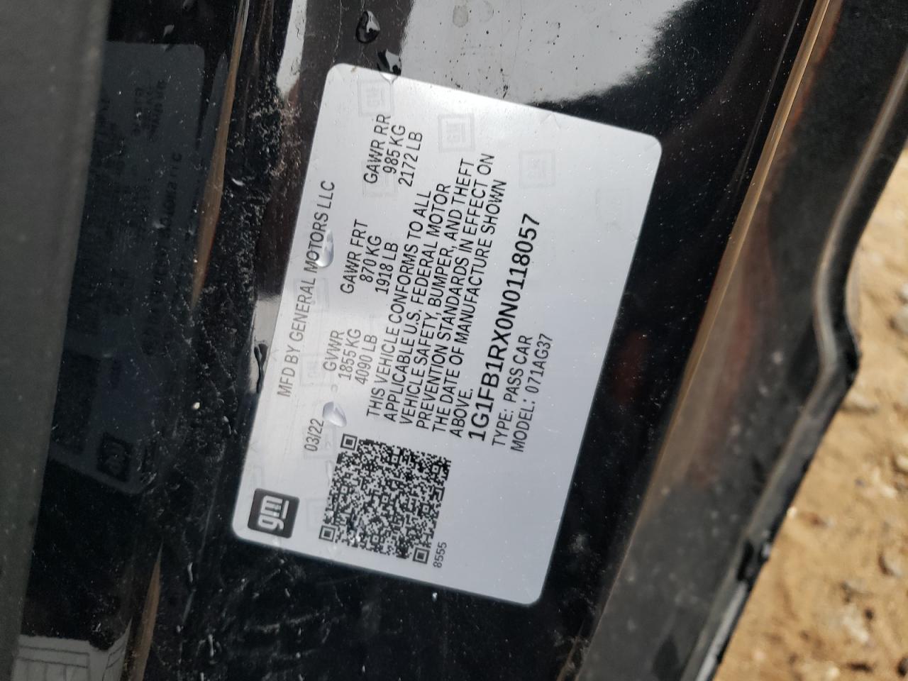 1G1FB1RX0N0118057 CHEVROLET CAMARO 2022