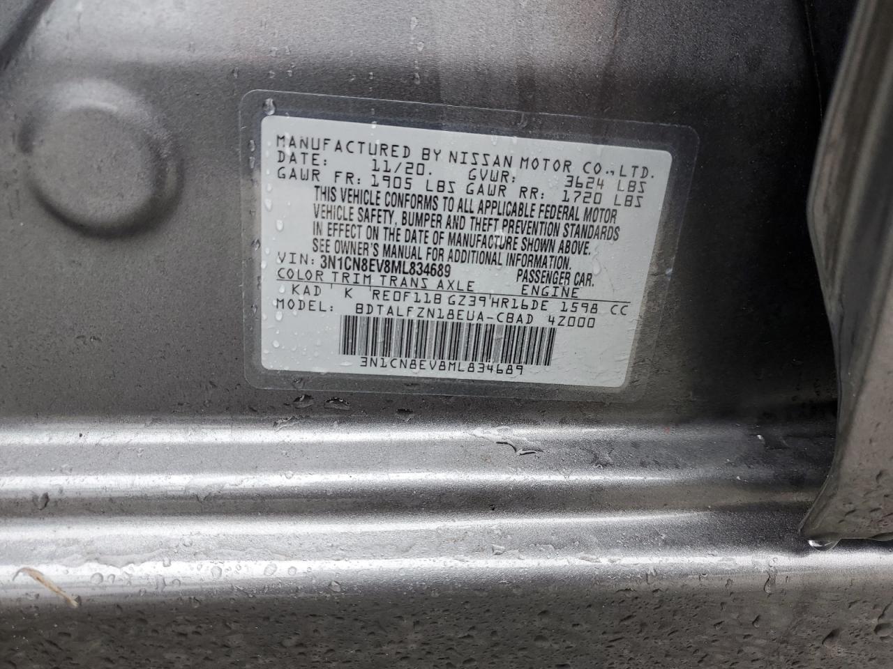 3N1CN8EV8ML834689 NISSAN VERSA 2021