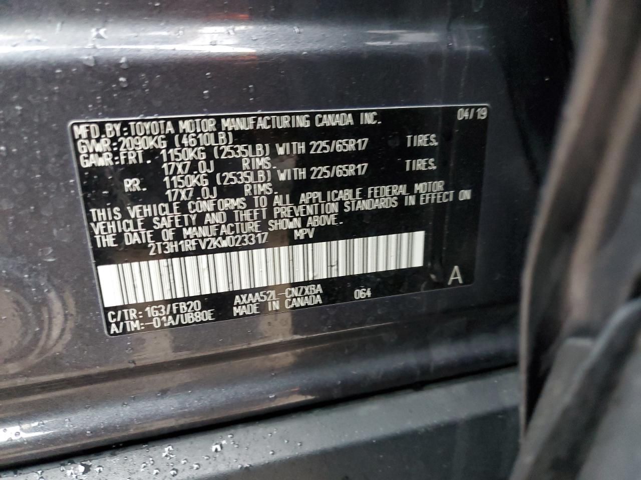 2T3H1RFV2KW023317 TOYOTA RAV4 2019