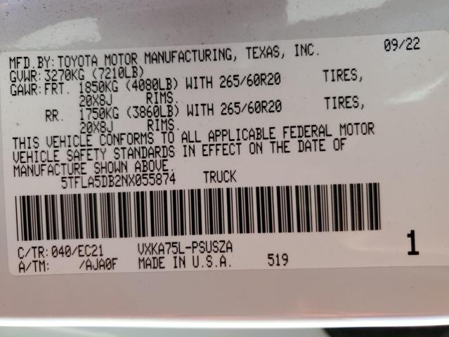 5TFLA5DB2NX055874 | 2022 TOYOTA TUNDRA CRE