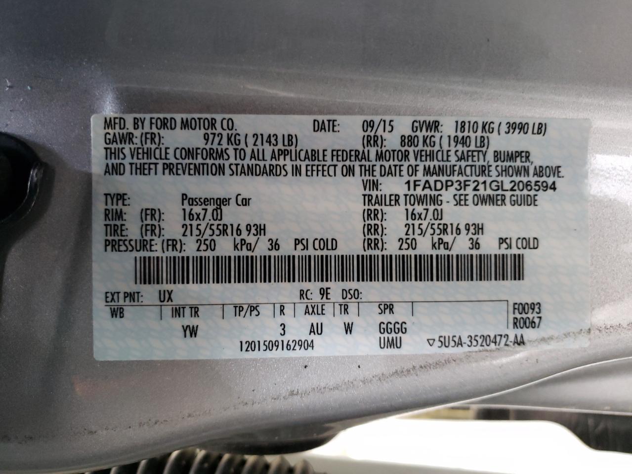 1FADP3F21GL206594 FORD FOCUS 2016