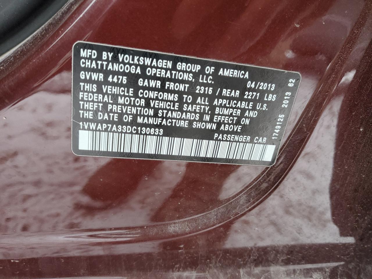 1vwap7a33dc130633 1VWAP7A33DC130633 2013 Volkswagen Passat S