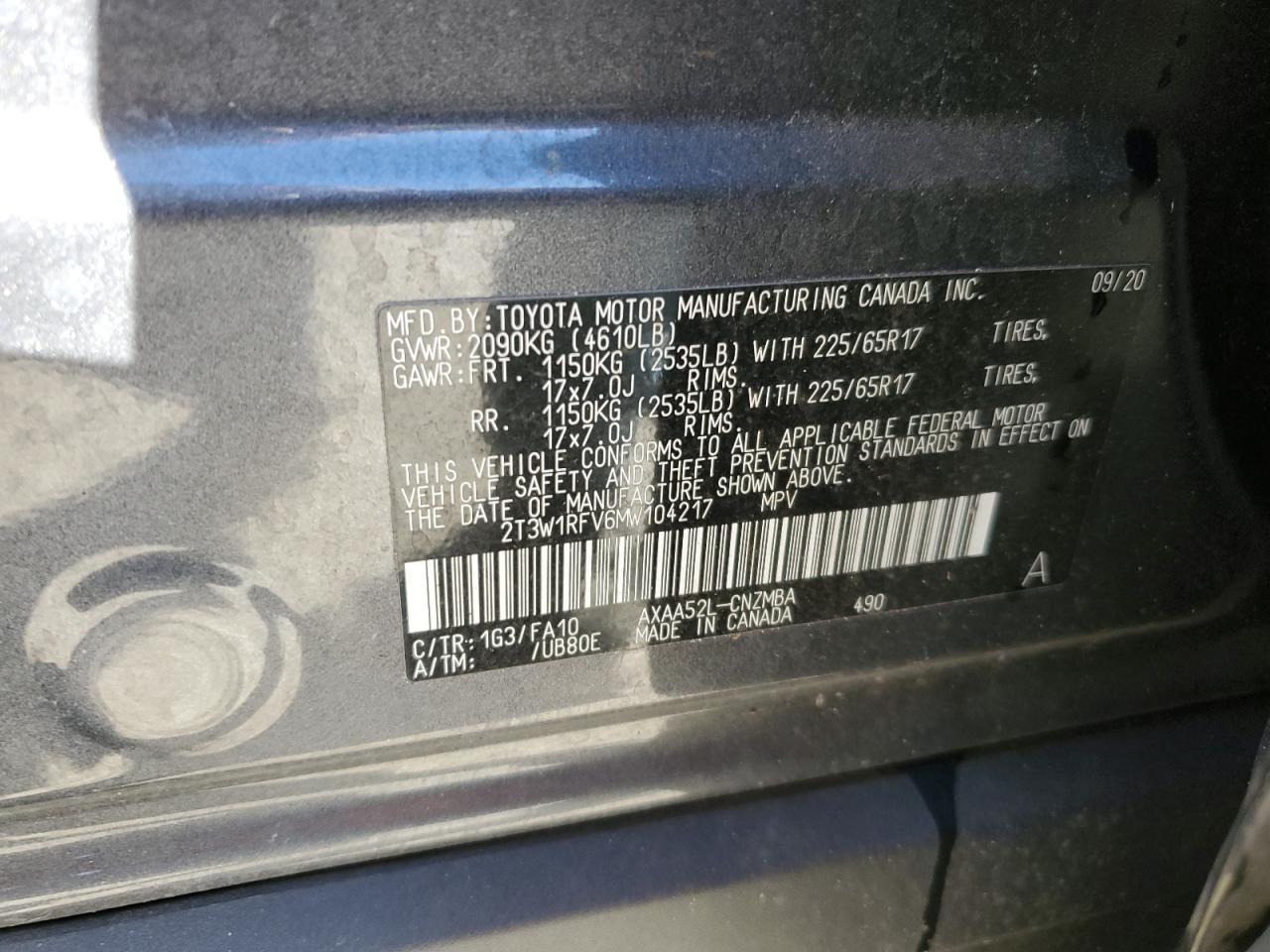 2T3W1RFV6MW104217 TOYOTA RAV4 2021