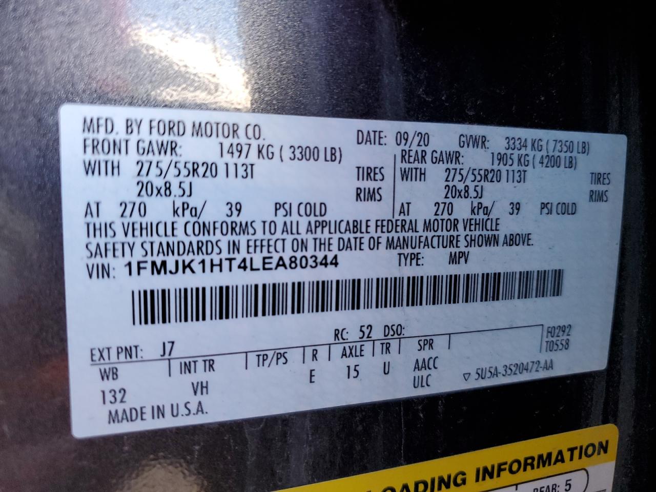 1FMJK1HT4LEA80344 FORD EXPEDITION 2020