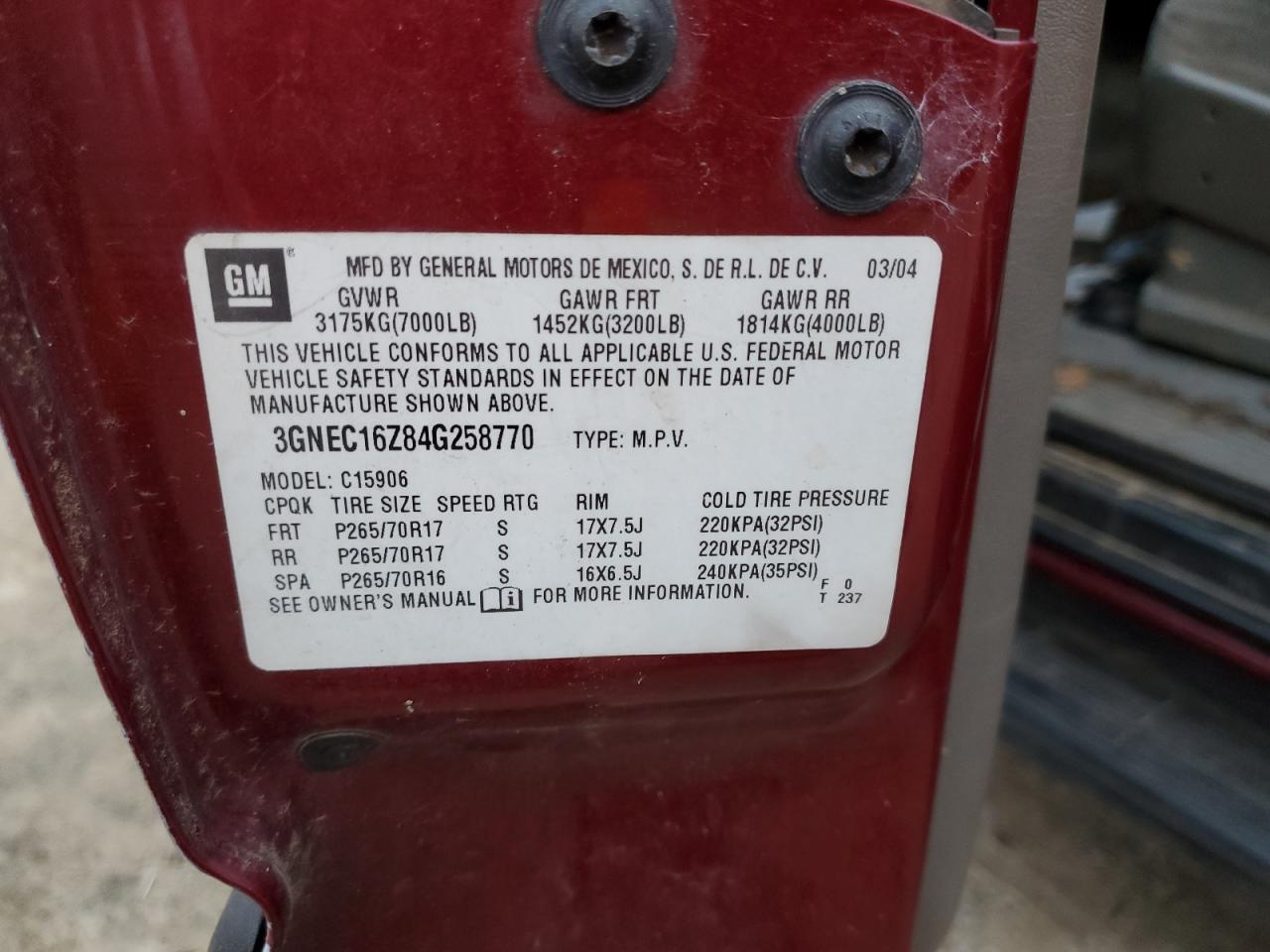 3GNEC16Z84G258770 2004 Chevrolet Suburban C1500