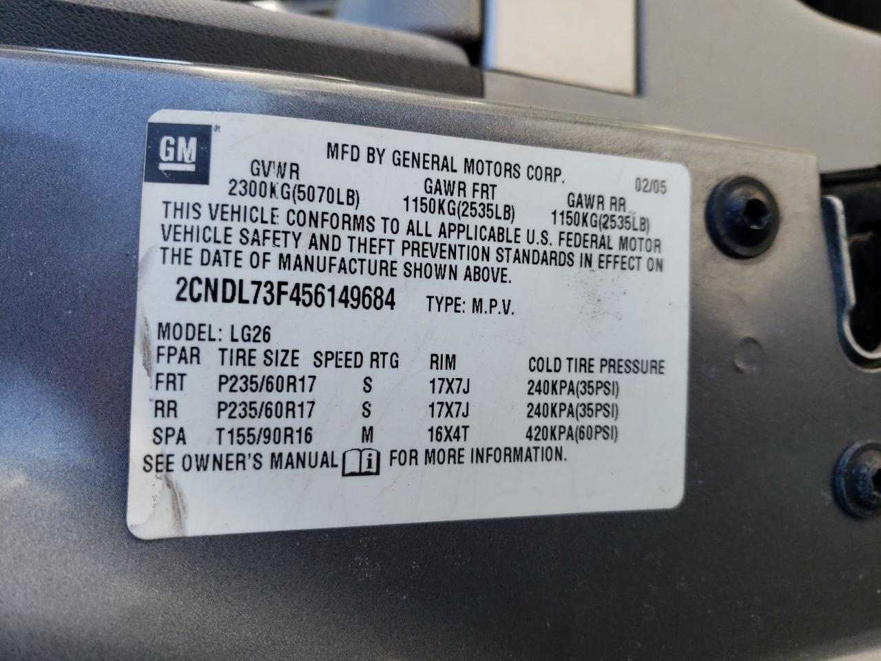 2CNDL73F456149684 2005 Chevrolet Equinox Lt